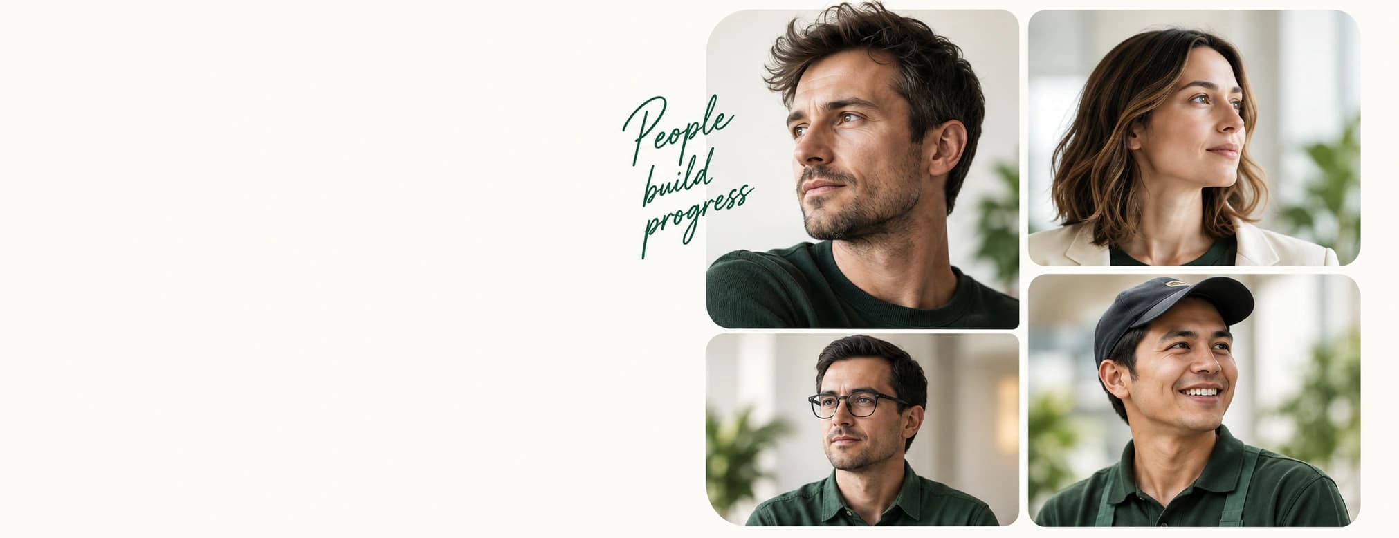 Иллюстративный портретный коллаж Gastrohub с рукописной подписью «People build progress»