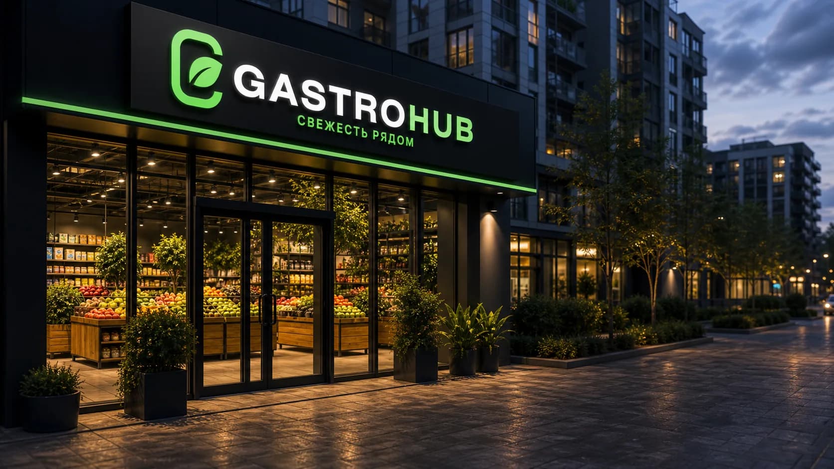 Gastrohub storefront with branded food retail concept