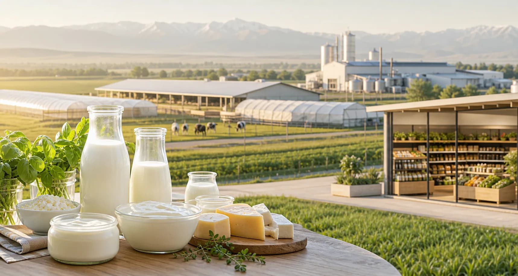 Daria dairy products in front of farm and retail infrastructure